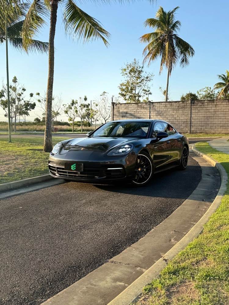 Panamera na curva da pista, com palmeiras ao fundo